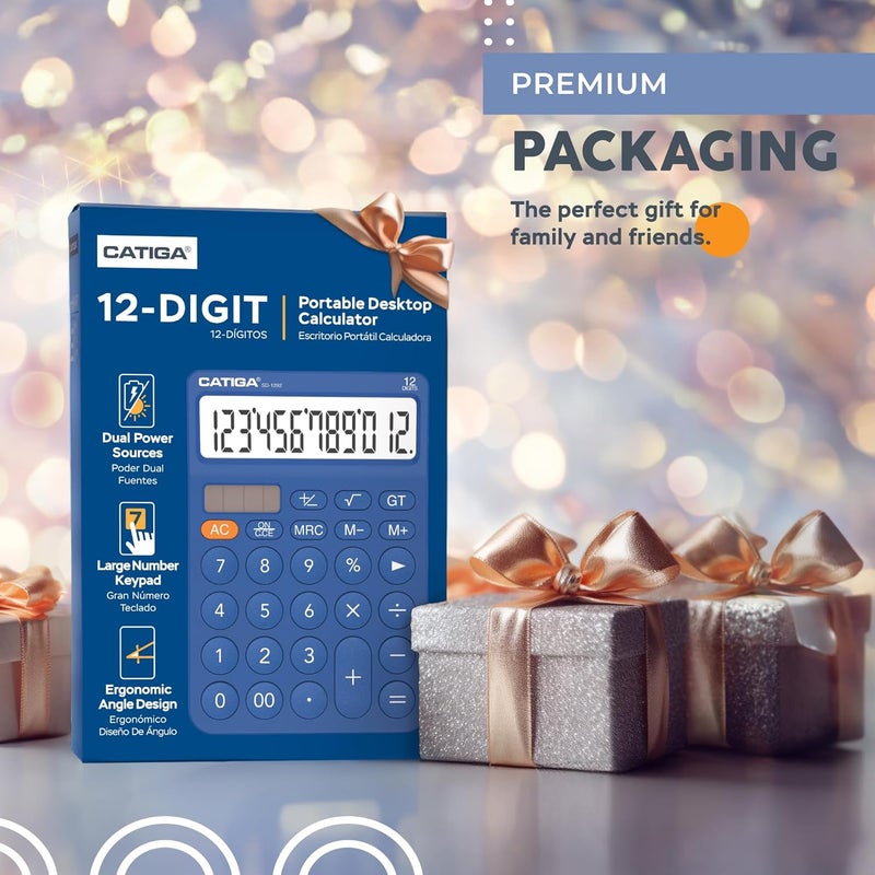 CATIGA 12 Digit Desktop Calculator Basic Desk Calculator with Large LCD Display, Big Buttons, 4 Function, Solar and Battery Dual Power, for Office, School, Home, SD-1292 Navy Blue - Image 2